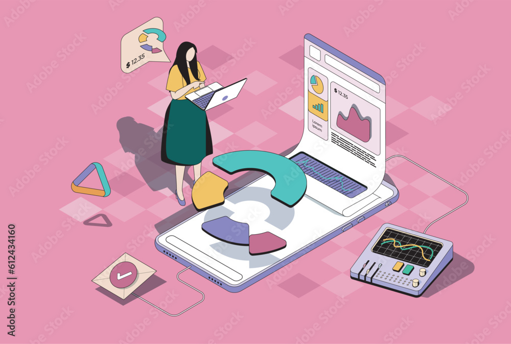 Fototapete business statistics concept in 3d isometric design. woman analyzing stock market on diagrams, charts