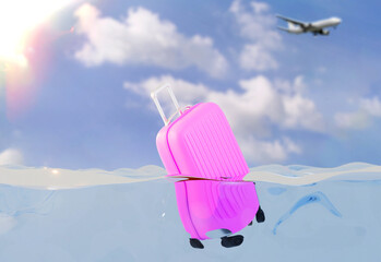pink suitcase floating in water against the backdrop of a flying plane . 3d render