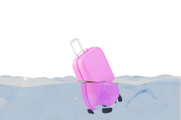 concept of summer vacation. pink suitcase floating in water.transparent background 3d render