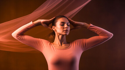 Woman model posing with hands on head, eyes closed, long sleeved shirt, wide. Generative AI