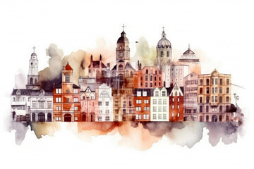 Obraz premium Watercolor modern building architecture city skyscraper isolated on white background, architecture office work, business building, with Generative Ai.