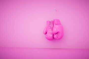 Hanging pink boxing gloves isolated on pastel background. 3d render
