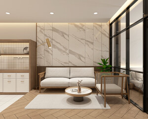 Modern japan style living room decorated with minimalist sofa and armchair, kitchen cabinet and white tile wall, wooden slatted wall and marble wall, raised wooden floor and glass wall.3d rendering