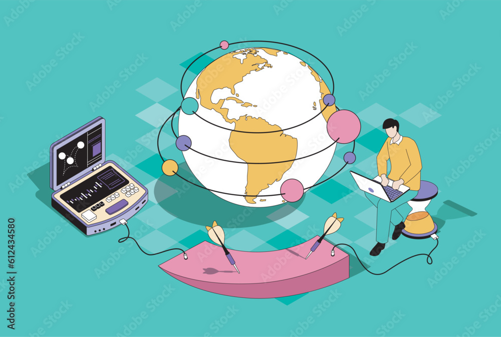 Leinwandbilder global strategy concept in 3d isometric design. man developing business and planning worldwide expan