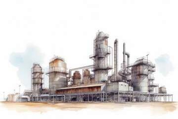 Watercolor drawing paint of industry zone, refinery power plant energy station for stored, petrochemical industrial, factory food processing plant isolated on white background, with Generative AI.