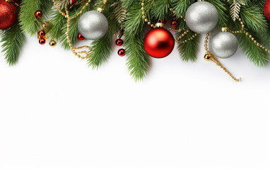 Obraz na płótnie Canvas Merry Christmas banner, Design with wide copy space for text. Gift boxes, fir tree branches, and red and green ornaments were placed for a Christmas look. Generative AI