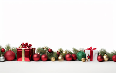 Merry Christmas banner, Design with wide copy space for text. Gift boxes, fir tree branches, and red and green ornaments were placed for a Christmas look.  Generative AI