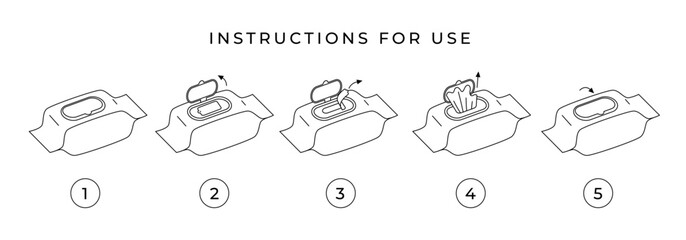 Step-by-step instructions for using wet wipes. Instructions for opening wet wipes with a plastic valve. Hygienic tissue napkin for make-up removal. Baby wipes. Line vector icon set.