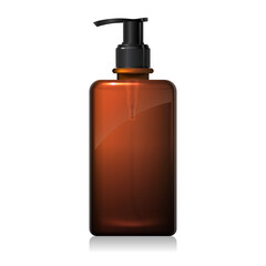 Clear brown glass bottle with black pump with liquid inside isolated on white background. Square shape dark amber packaging. Shampoo, sanitizer, soap dispenser. 3d vector bottle mockup template