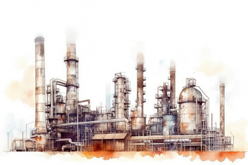 Watercolor drawing paint of industry zone, refinery power plant energy station for stored, petrochemical industrial, factory food processing plant isolated on white background, with Generative AI.