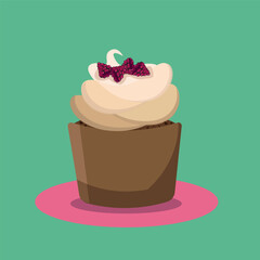 Vector illustration. Cupcake with light cream and raspberries. raspberries made in the style of hand drawing