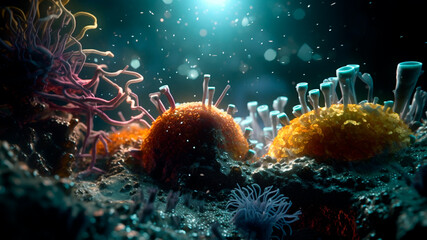 Fototapeta na wymiar Microscopic microbes. Virus cells and bacteria medical background. Generative AI