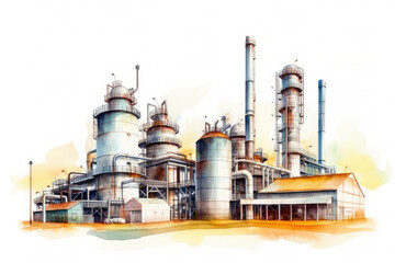 Obraz premium Watercolor drawing paint of industry zone, refinery power plant energy station for stored, petrochemical industrial, factory food processing plant isolated on white background, with Generative AI.