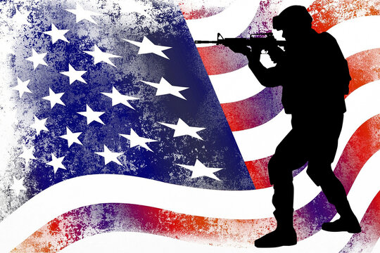 The war in USA. A soldier with a gun against the background of the flag of america. 3D render