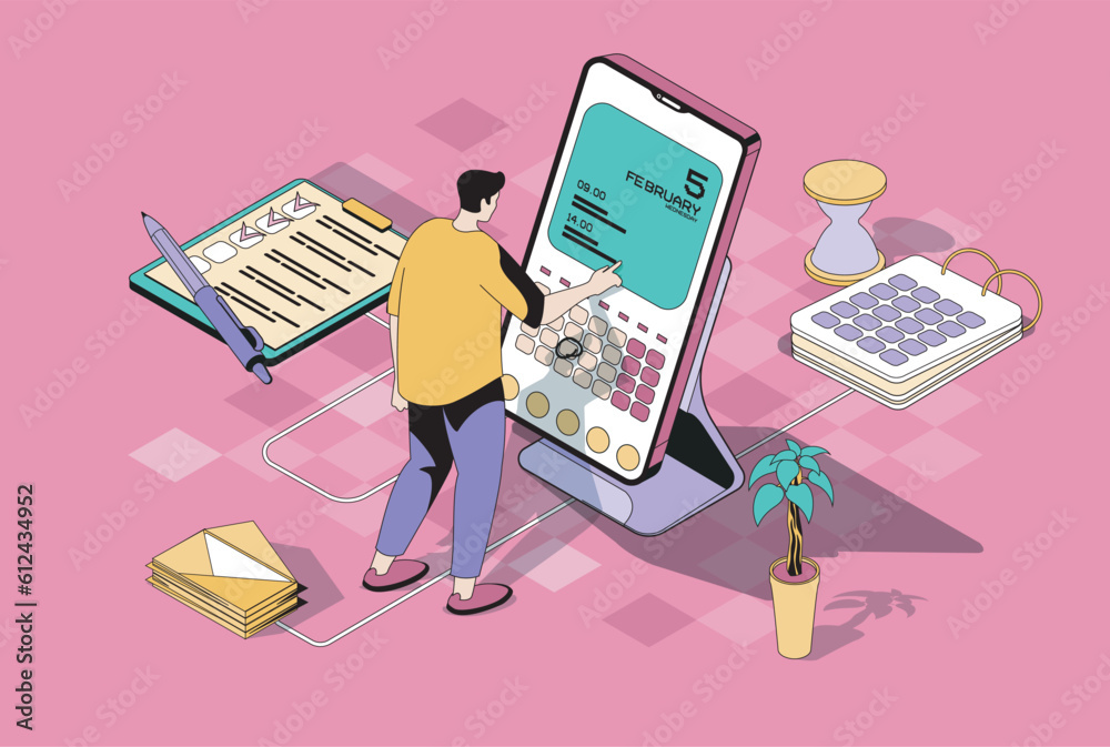 Leinwandbilder planning concept in 3d isometric design. man making appointment using mobile app calendar, work with