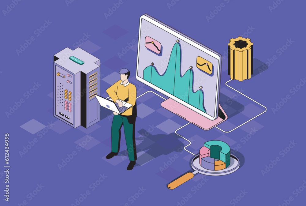 Aufkleber Seo optimization concept in 3d isometric design. Man analyze algorithms and statistic data, selects keywords and optimizes site ranking. Vector illustration with isometry people scene for web graphic