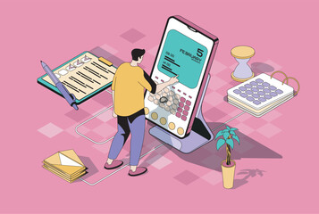 Planning concept in 3d isometric design. Man making appointment using mobile app calendar, work with task list, reminders and notes. Vector illustration with isometry people scene for web graphic