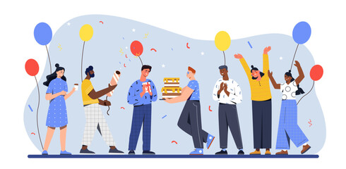 People at birthday party concept. Men and women with balloons and cake. Holiday and festival. Design element for greeting and invitation postcard. Cartoon flat vector illustration