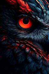 A close up of an owl with red and black feather. Generative AI