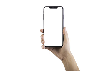 Young girl or women hand holding black smartphone isolated on white background