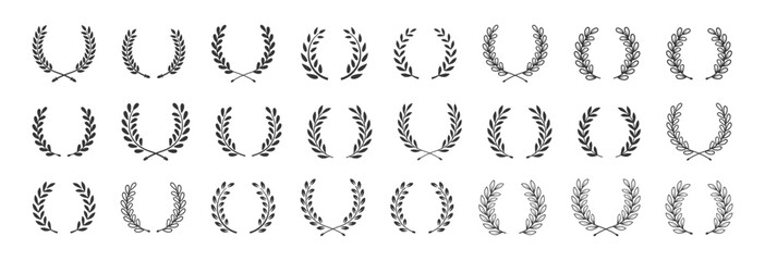 Set black laurel wreath round frame icon vector silhouette fit for awards, winner, trophy, branches, foliate or leaves circle badge, and etc. 