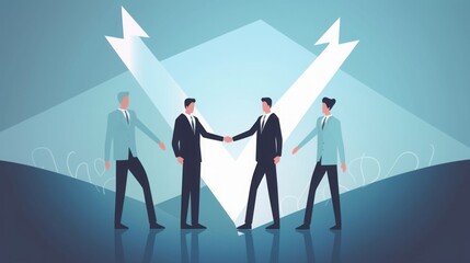 Joint venture. Collaboration. Project. Business people shaking hand in front of a rising arrow. Business illustration, Generative AI