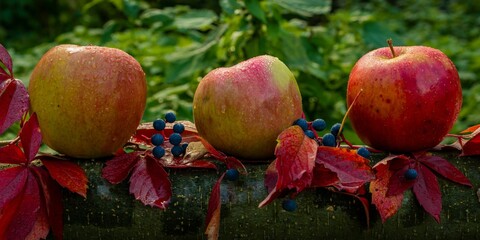 Closeup of apples and autumn leaves