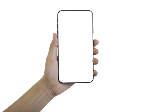 Women Hand holding smartphone on white background