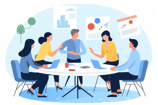 Discussion. The team discusses around the table.  illustration, Generative AI