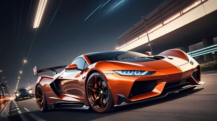 Naklejka premium Neon Velocity: Futuristic Sports Car with Dazzling Light Trails