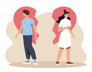 Divorced couple vector concept. Man and woman in halves of heart. Psychological problems and mental health. Love and romantic relationships, negative emotions in family. Cartoon flat illustration