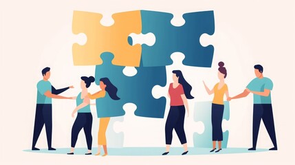 Fototapeta premium People holding puzzle elements. Concept of teamwork, cooperation. illustration, Generative AI