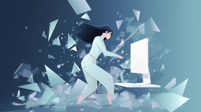 Breaking the internet. A breakthrough. A young woman smashes through a computer screen and flies out through the fragments. Business illustration, Generative AI