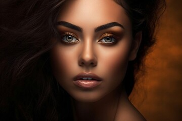 Fototapeta premium face of beautiful woman with full lips and long brown hair created with Generative AI technology