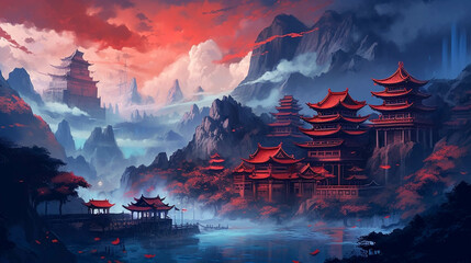 Fototapeta na wymiar Majestic Chinese Temple amidst Dark Azure, Crimson, and Mountain Vistas. Asian Mountains In A Fantastic Mediaval World. Generative AI