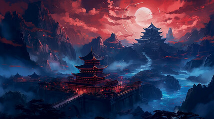 Enchanting Mountain Temple. Beautiful Chinese Temple Wallpaper in Dark Azure and Crimson. Generative AI