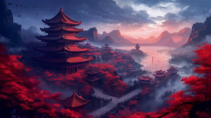 Crimson Chinese Temple Landscape Wallpaper in Mountainous Setting. Generative AI