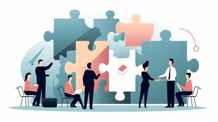 Presentation. Course. Finding a solution. Manager holds missing puzzle element. Business  illustration, Generative AI