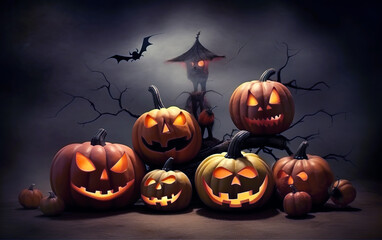 Halloween festive decoration with pumpkin lanterns and various scary figures copy space. Greeting card, background or wallpaper. Halloween holiday concept. Generative AI.