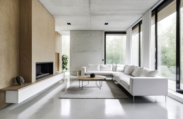 Fototapeta na wymiar White sofa against of wooden paneling wall near panoramic window. Minimalist loft style interior design of modern living room. Created with generative AI