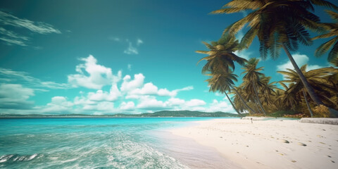 Fototapeta na wymiar A tranquil beach scene with palm trees swaying in the gentle ocean breeze. Generative AI 