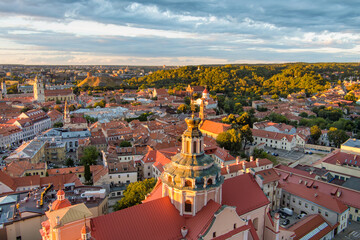 Naklejka na ściany i meble Aerial view of Vilnius Old Town, one of the largest surviving medieval old towns in Northern Europe. Landscape of UNESCO-inscribed Old Town of Vilnius, Lithuania