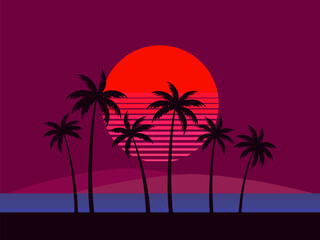 Black silhouettes of palm trees at sunset. Tropical landscape with palm trees and red sun in 80s style. Design for posters, banners and printing of promotional products. Vector illustration