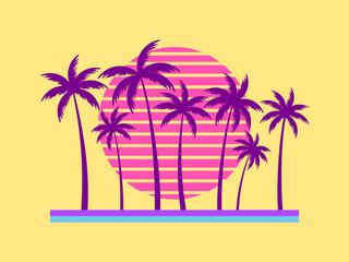 Obraz premium Palm trees against the backdrop of a retro sun in the style of the 80s. Curved palm trunks. Design for printing advertising brochures, banners and posters. Vector illustration