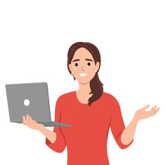 Young beautiful woman using laptop computer showing. Flat vector illustration isolated on white background