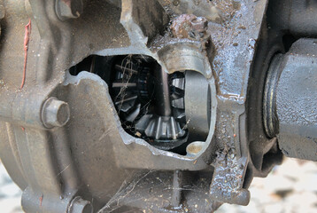 Destroyed body with damage to automatic transmission differential on a vehicle