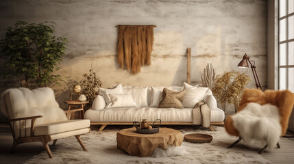 A Scandinavian-inspired living room with a mix of natural materials like leather, wood, and fur, creating a warm and tactile ambiance that embraces nature's elements Generative AI