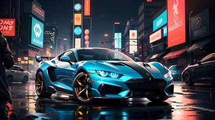 Neon Velocity: Futuristic Sports Car with Dazzling Light Trails