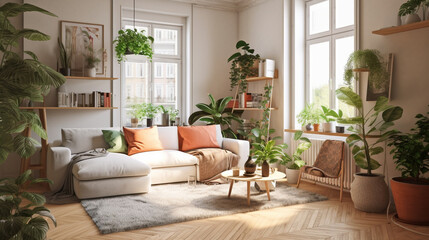 A fresh and vibrant Scandinavian living room featuring indoor plants, adding a touch of greenery and natural beauty to the space, creating a calming and rejuvenating environment Generative AI