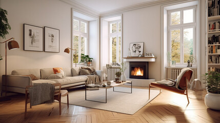 Naklejka na ściany i meble A stunning Scandinavian living room with a focal point fireplace surrounded by sleek white walls, accented by a mix of modern and vintage furniture for a harmonious blend of styles Generative AI